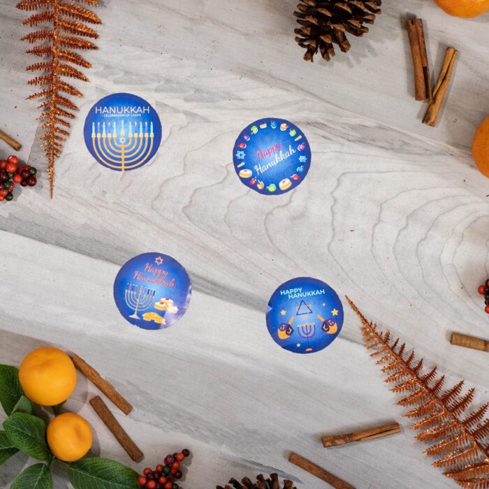 Blue Happy Hanukkah Stickers in Four Designs